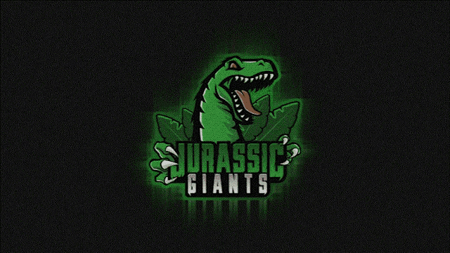 a logo for jurassic giants shows a dinosaur with its tongue out