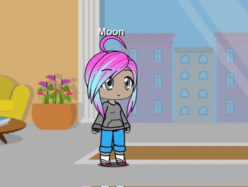 a girl with pink and blue hair is standing in front of a window with the name moon on it