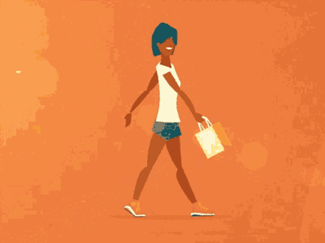 a woman in a white shirt and shorts is walking with a shopping bag