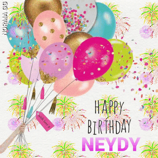 a happy birthday card with balloons and fireworks