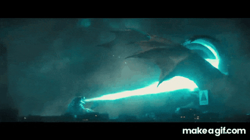 a gif of a dragon shooting a beam of light at a monster