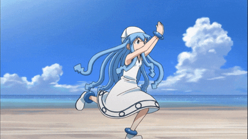 a girl with blue hair and a white dress is dancing on a beach