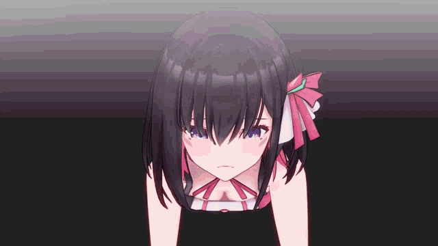 a black haired anime girl with purple eyes and a pink bow on her head