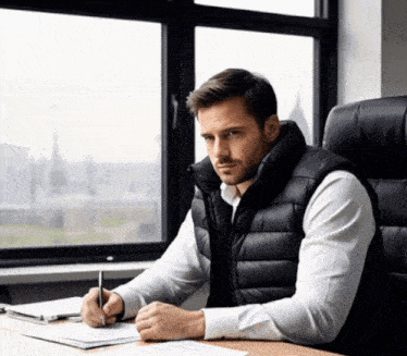 a man in a black vest sits at a desk with a pen in his hand