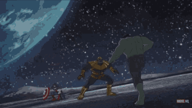 a cartoon of captain america and the hulk with marvel hq written on the bottom