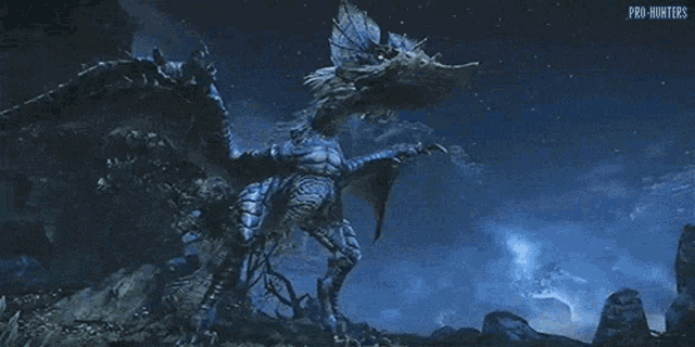 a blue dragon in a video game with the words pro-hunters on the bottom right
