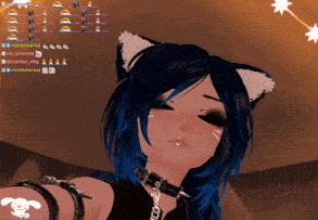 a girl with blue hair and cat ears has a tattoo on her arm