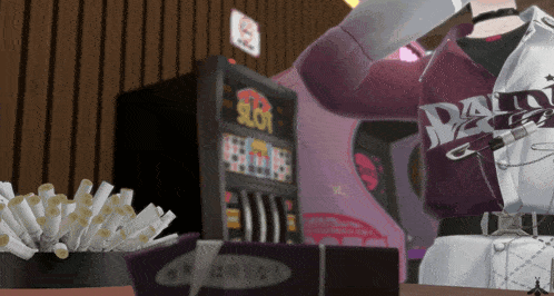a cartoon character stands in front of a slot machine that says ' slot ' on it