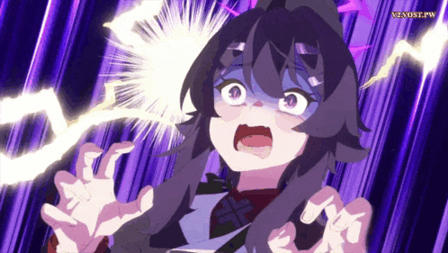 a girl with a shocked look on her face is surrounded by purple lightning bolts