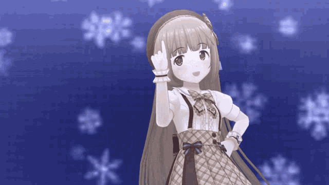 a girl in a plaid dress stands in front of snowflakes on a blue background