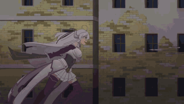 a woman with white hair is standing in front of a building