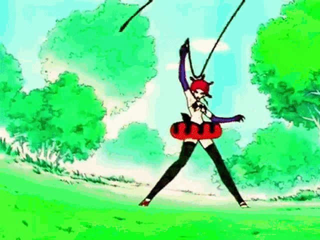 a cartoon character is standing on a green field holding a rope .