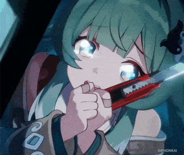 a gif of a girl with green hair holding a knife with the words gifhonkai at the bottom