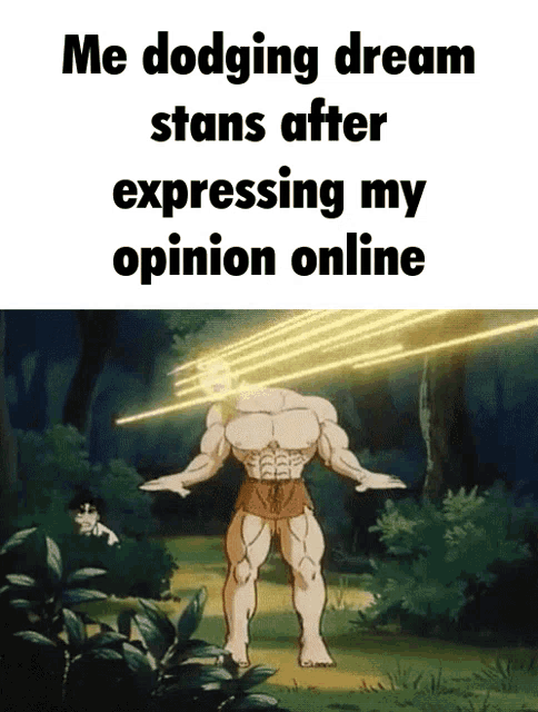 a cartoon of a man with a headless body and the words me dodging dream stans after expressing my opinion online