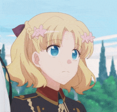 a close up of a blonde anime girl with blue eyes and pink flowers in her hair