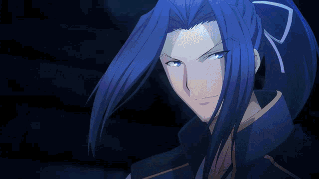 a man with long blue hair has a ponytail