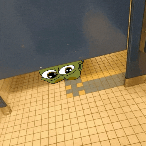 a cartoon of a frog peeking out from behind a bathroom stall