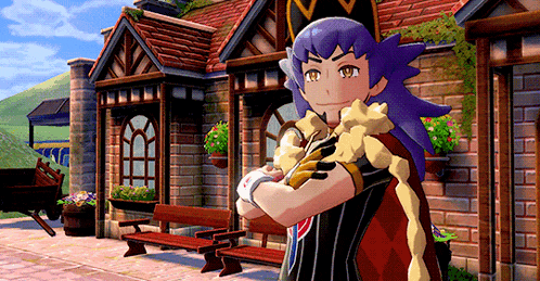 a cartoon character with purple hair is standing in front of a building