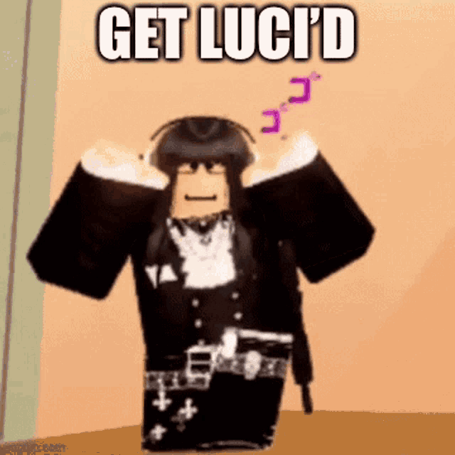 a cartoon character is wearing headphones and standing on a table with the words `` get lucid '' written on the bottom .
