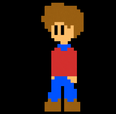 a pixel art drawing of a man in a red shirt and blue shorts .