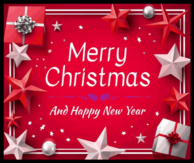 a merry christmas and happy new year greeting card with red and white stars