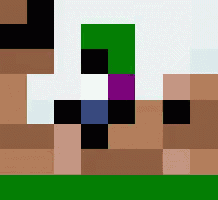 a close up of a minecraft character with a green hat and a purple and white flag .