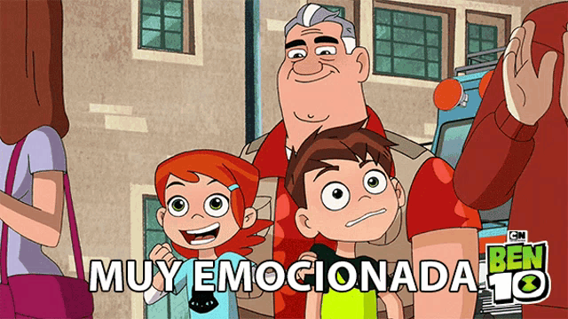 a ben 10 cartoon shows a man and two children