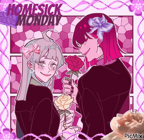 a picture of two girls with roses and the words homesick monday on the bottom