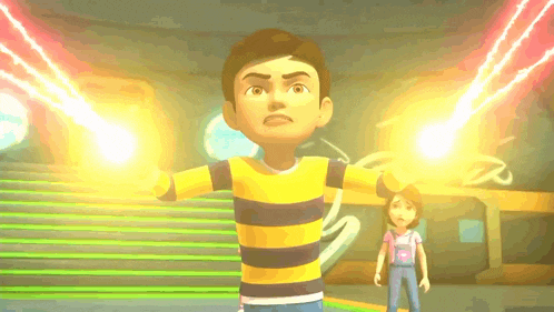 a cartoon boy in a yellow and black striped shirt is holding a lightning bolt in his hands .