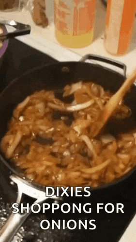 a pot of food with the words dixie shopping for onions