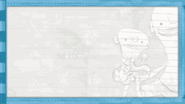 a drawing of a man and a monster on lined paper