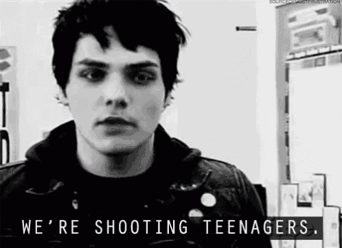 a black and white photo of a man with the words `` we 're shooting teenagers '' .