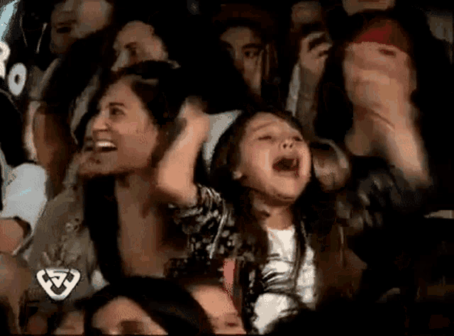 a group of people are sitting in a stadium watching a concert and a little girl is screaming .