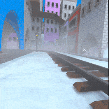 a cartoon scene with a train track and buildings