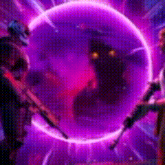 a purple circle is surrounded by a group of people holding guns .