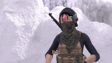 a person wearing a helmet and a scarf with the word uwu on it