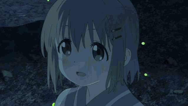 two anime girls are looking up at fireflies in the night sky