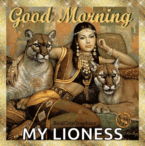 a painting of a woman laying on a couch with two lions and the words good morning my lioness