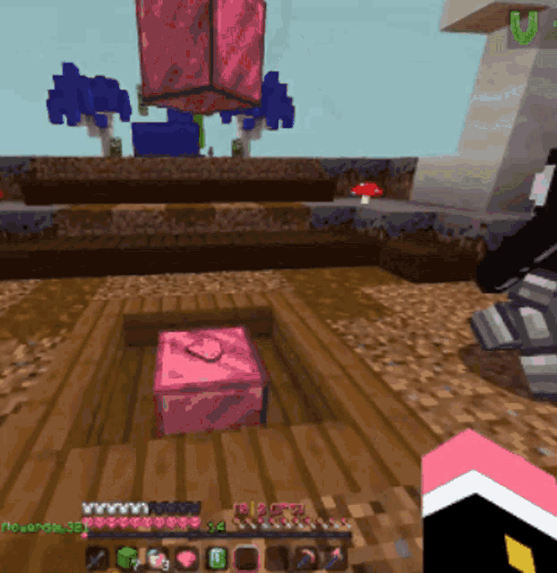 a pink box with a heart on it is in a wooden box in a minecraft game