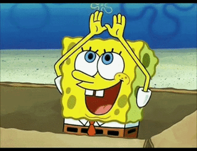 a cartoon character named spongebob is making a funny face with his hands in the air .