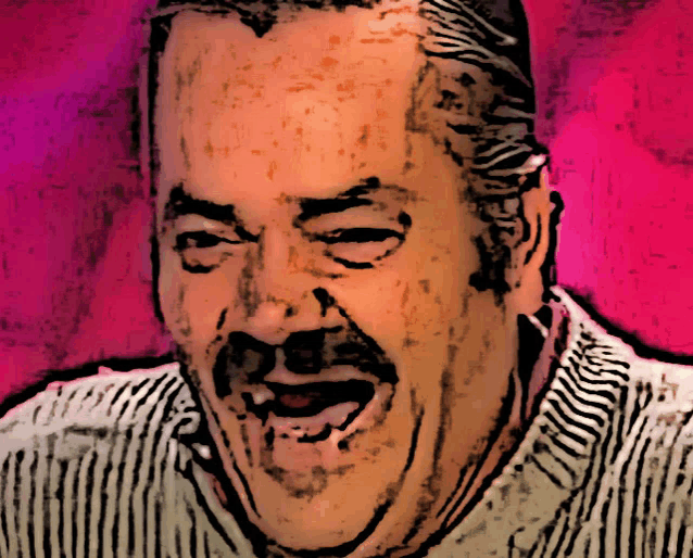 a drawing of a man with a mustache laughing with his mouth open