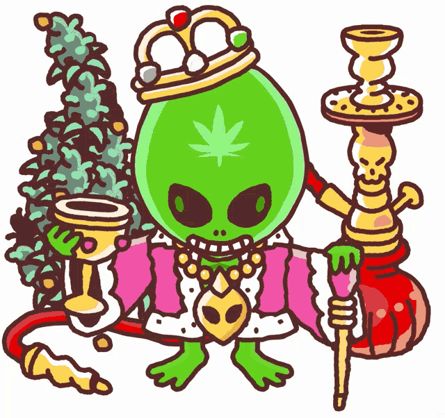 a cartoon drawing of an alien wearing a crown holding a hookah and a goblet