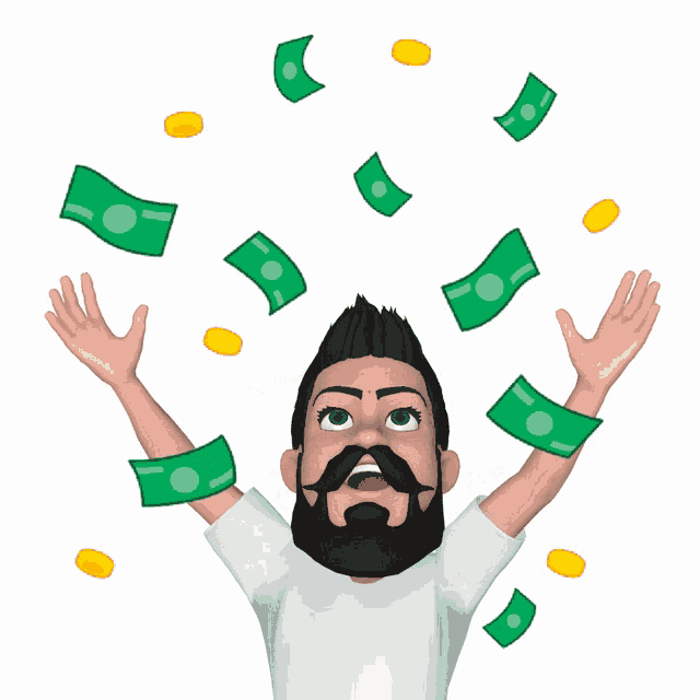 a man with a beard is surrounded by money and gold coins