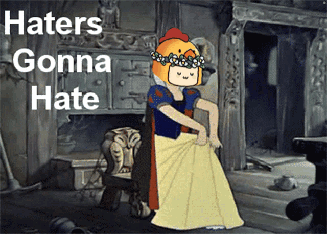 a cartoon of snow white with the words haters gonna hate behind her