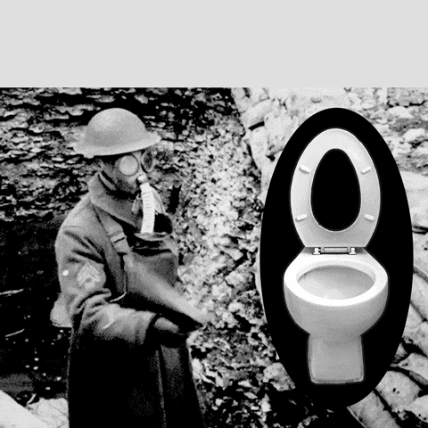 a black and white photo of a man wearing a gas mask and a toilet