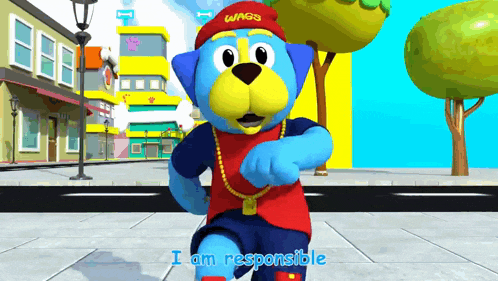 a cartoon character says i am responsible while running down a street