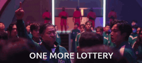 a crowd of people are cheering with the words one more lottery written in the foreground