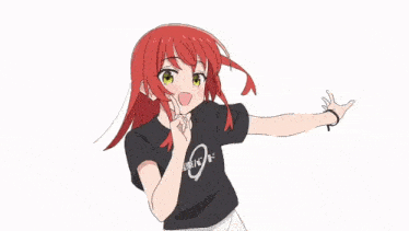 a girl with red hair is wearing a black t-shirt with a band logo on it