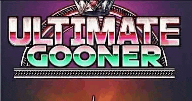the ultimate gooner logo is on a purple background and has a crown on it .