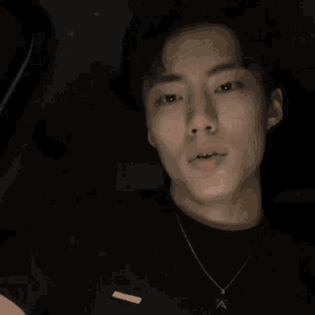 a young man wearing a black shirt and a necklace is talking .